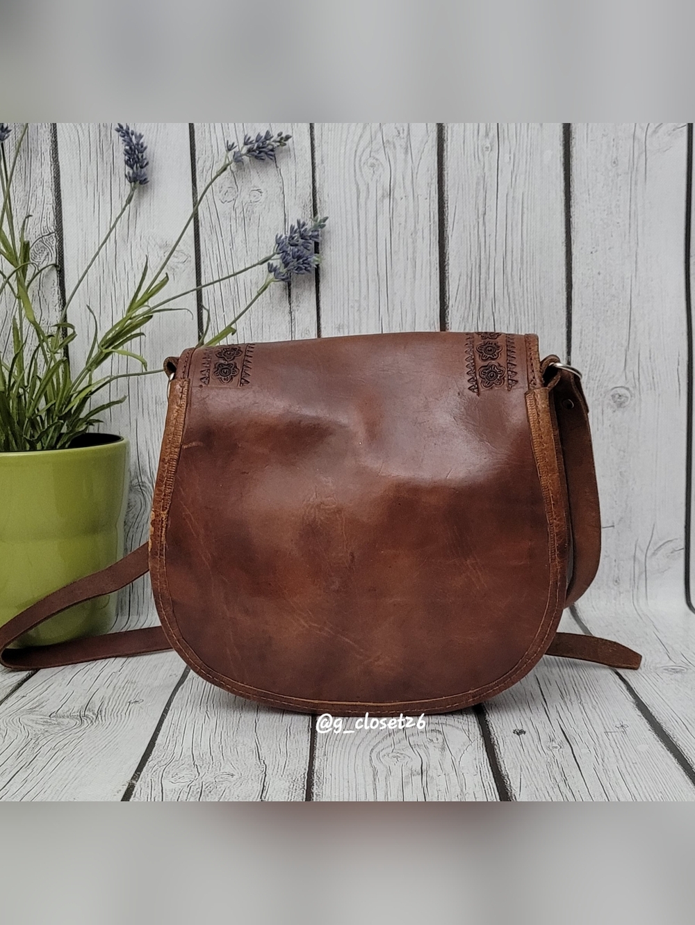 Handcrafted Brown Leather Crossbody Bag with Floral Tooled Detail - Picture 3 of 13